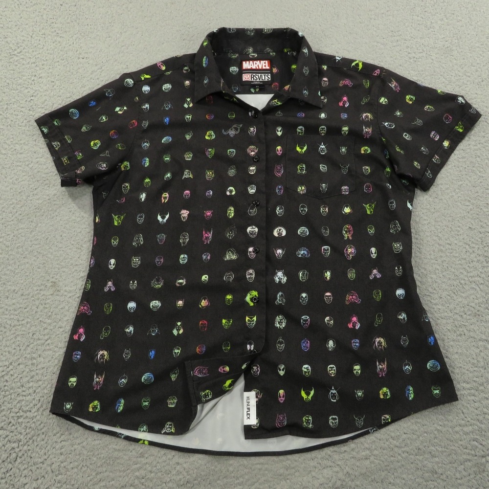 RSVLTS Marvel Shirt Women XL Black Kunuflex Neon Faces Short Sleeve Button Up